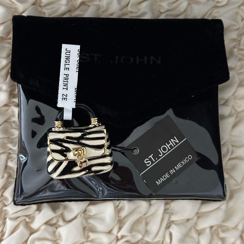 St. John Purse Brooch in Zebra Pattern (Black and White with Gold)
